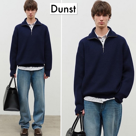 Dunst Half Zip Ribbed Wool Sweater French Navy S Mens Chunky Knit Minimalist